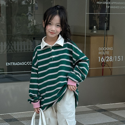 女童翻领条纹蝙蝠袖卫衣秋季新款