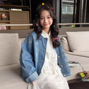 2026春季新款女童浅蓝色圆领韩版长袖刺绣圆领长袖牛仔外套3-15岁