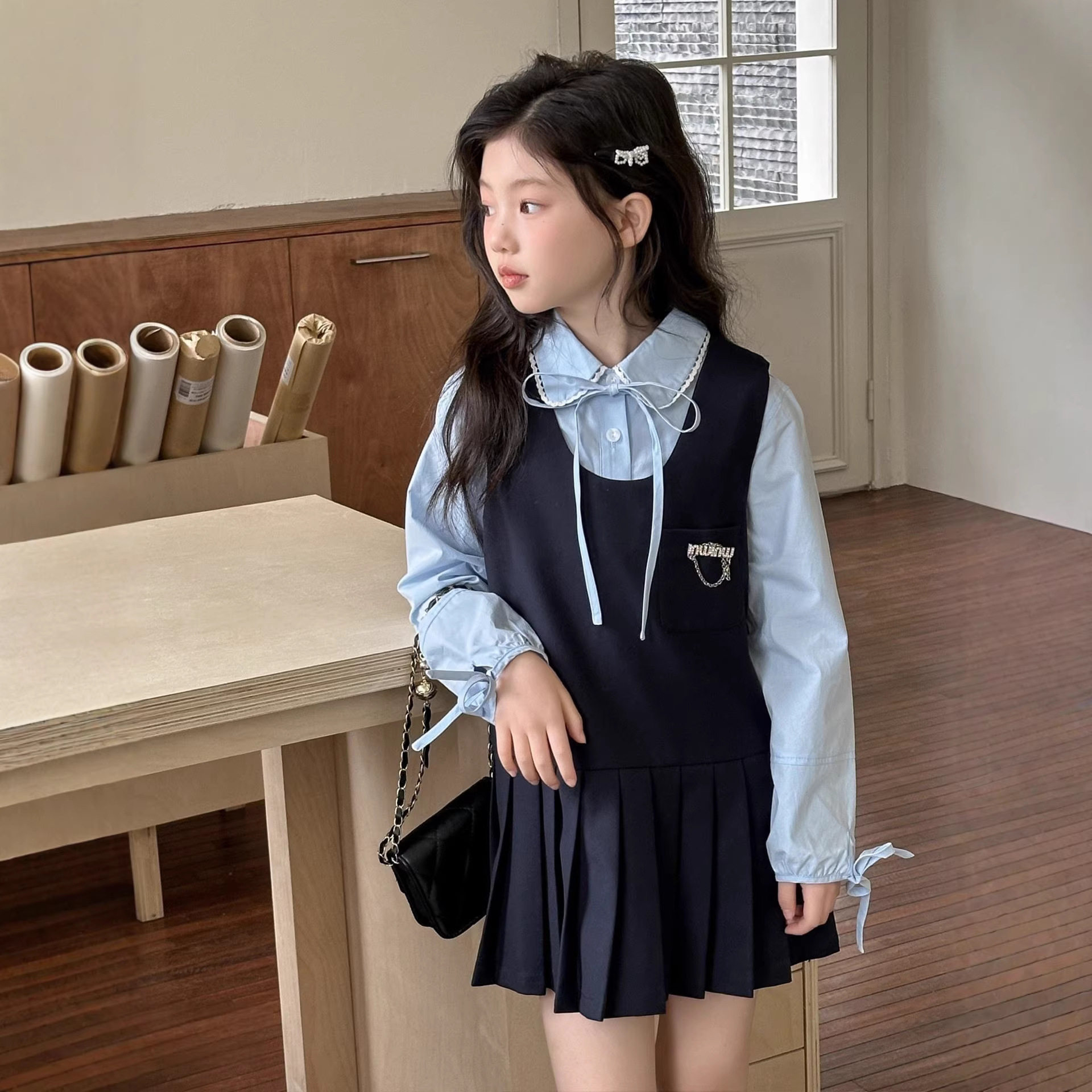 韩国童装2026春季新款女童学院风套装中大童儿童衬衫连衣裙两件套