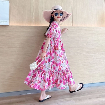 玫红色度假夏季童装女大童碎花鱼尾裙亲子蓬蓬袖拼接长裙连衣裙