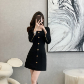 显瘦裙子明星同款 复古名媛长袖 气质修身 连衣裙女秋冬季 小黑裙 西装