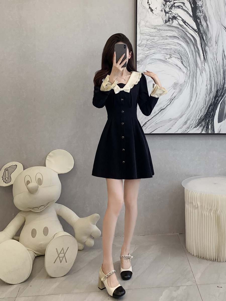 赫本风a字裙涤纶撞色蝴蝶结