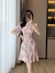 高级感复古盘扣雪纺碎花鱼尾裙 修身 改良旗袍连衣裙女夏季 2026新款