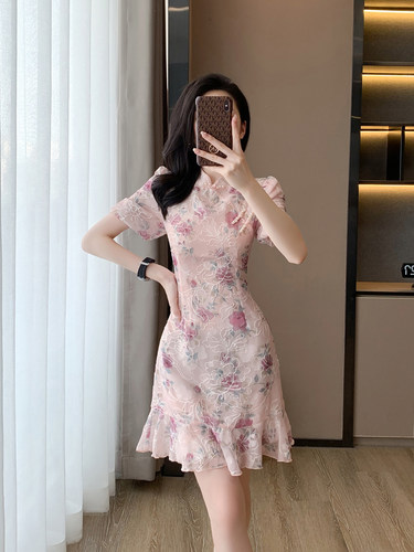 中国风鱼尾裙涤纶花色钉珠
