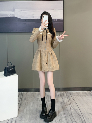 小香风a字裙粗花呢纯色木耳边