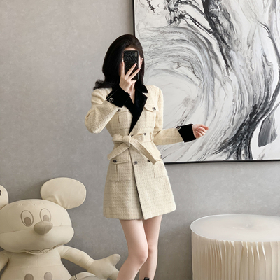 收腰粗花呢纯色小香风系带a字裙