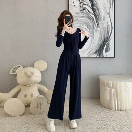 高级感休闲运动套装女早春装长袖V领高腰阔腿长裤两件套显瘦时尚