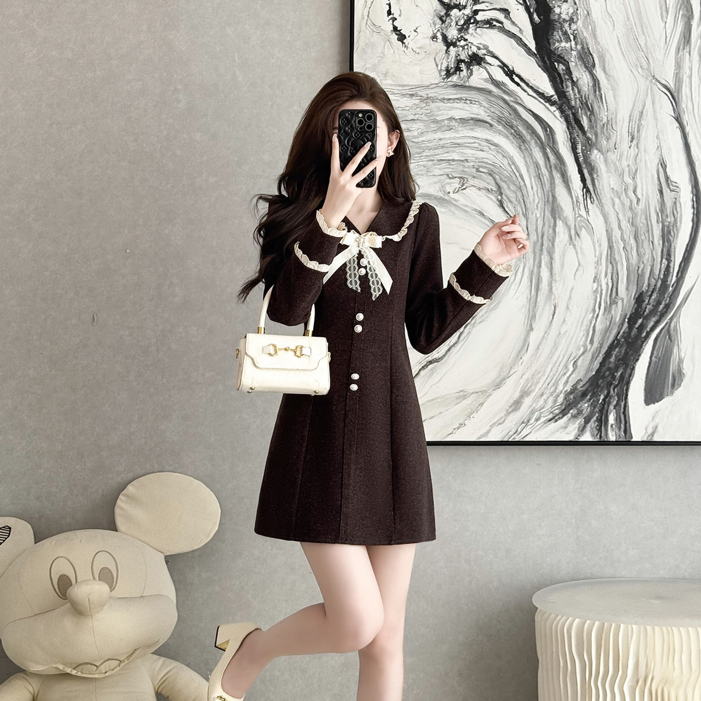 法式复古千金风长袖蕾丝连衣裙女秋冬蝴蝶结收腰显瘦A字裙子贵气