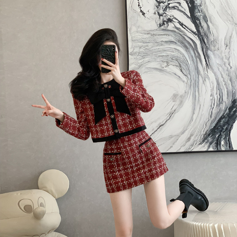 名媛小香风粗花呢套装女秋冬新款高级感红色格子气质半身裙两件套,女装/女士精品,时尚套装,淘宝优惠券,粉丝福利购,淘宝优惠卷