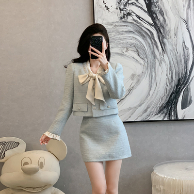 婷澈毛呢2024年冬季蝴蝶结两件套