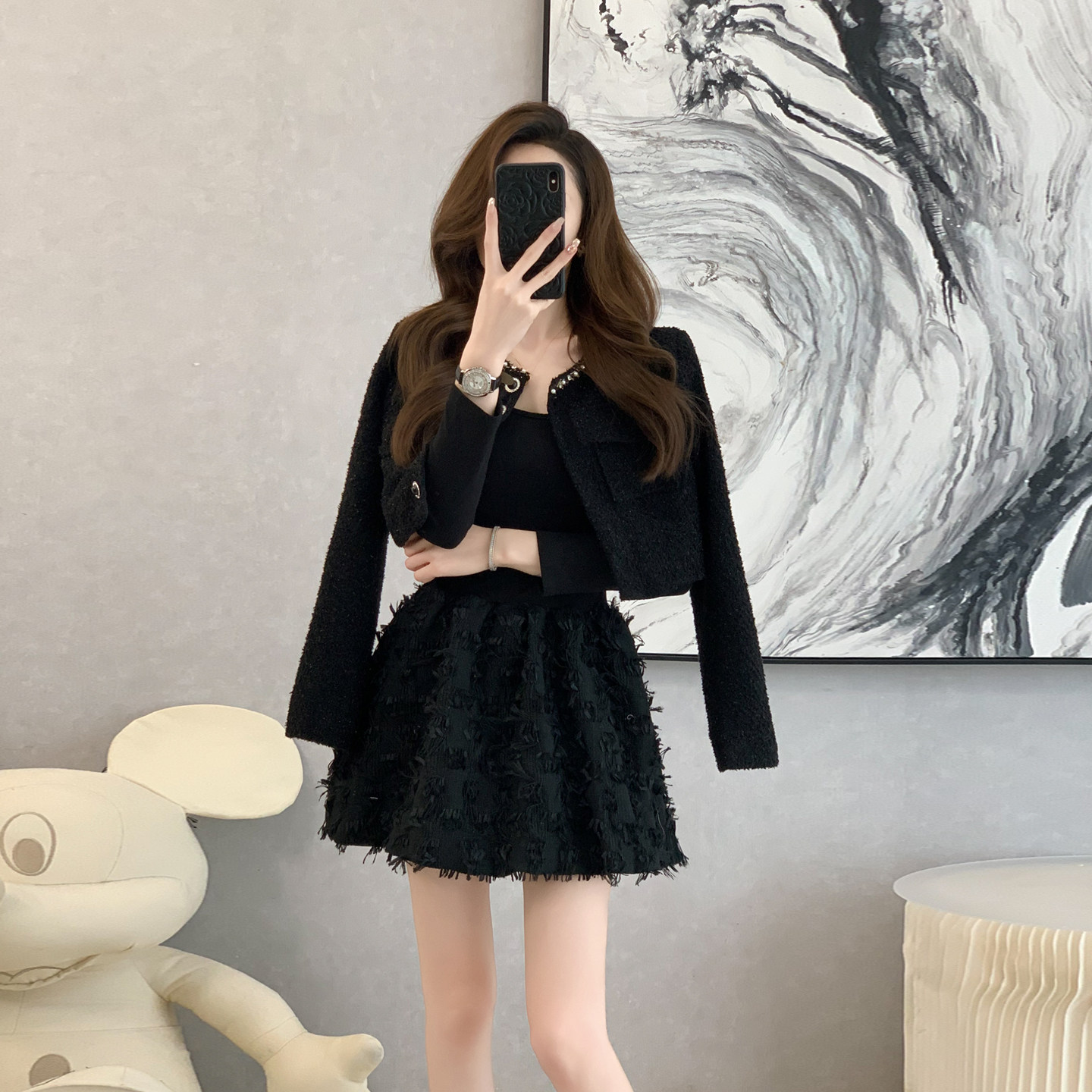 小香风黑色短外套蓬蓬裙套装女秋冬新款高级感千金风显瘦两件套,女装/女士精品,时尚套装,淘宝优惠券,粉丝福利购,淘宝优惠卷