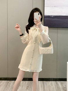 高级感裙子2026秋装新款气质粗花呢蝴蝶结法式名媛风小香风连衣裙