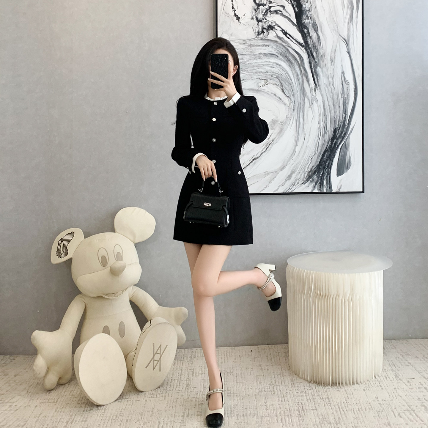 高级感小香风黑色连衣裙女春秋季新款气质收腰显瘦短裙子小个子