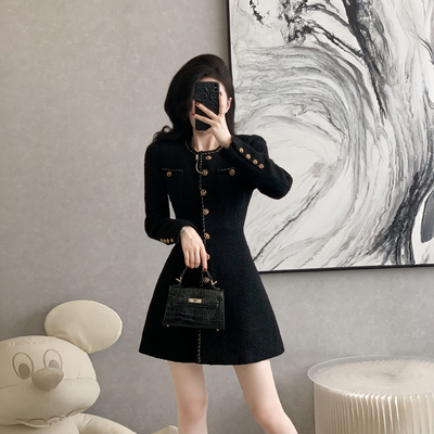 收腰显瘦粗花呢小香风法式连衣裙