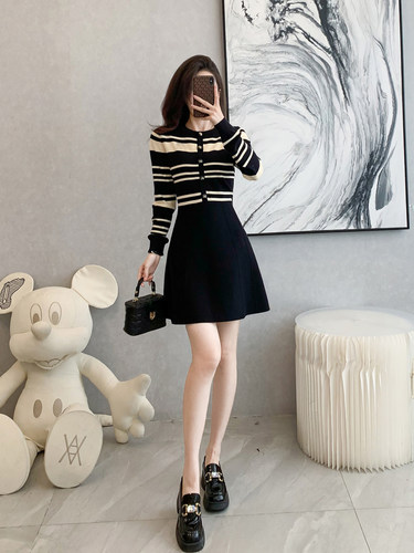 复古a字裙涤纶条纹撞色