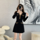饰修身 小香风黑色V领针织连衣裙女秋冬季 金属装 气质千金风短裙子