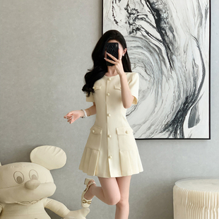 法式小香风气质通勤连衣裙女夏季新款百搭收腰A字百褶裙子小个子