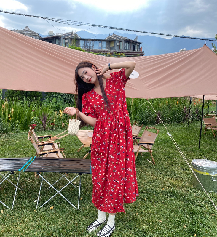 Real price Hong Kong style retro relaxed floral long dress