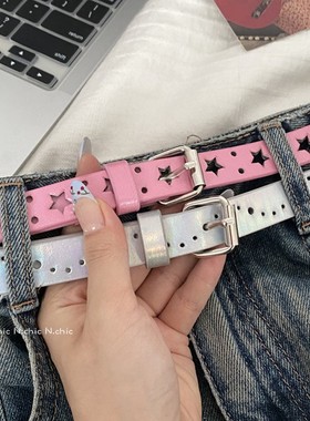 日常搭配小众星星镂空双层y2k腰带百搭潮辣妹五角星黑色白色皮带