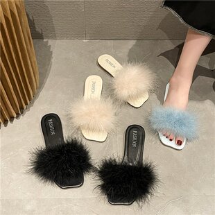 韩版新款夏半拖外穿毛毛拖鞋女鞋平底一字拖半托法式小凉拖凉鞋潮