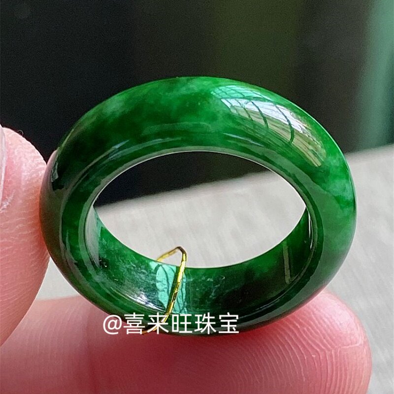 缅甸翡翠干青飘辣绿花祖母绿满绿辣绿色玉石戒指指环戒圈扳指手饰