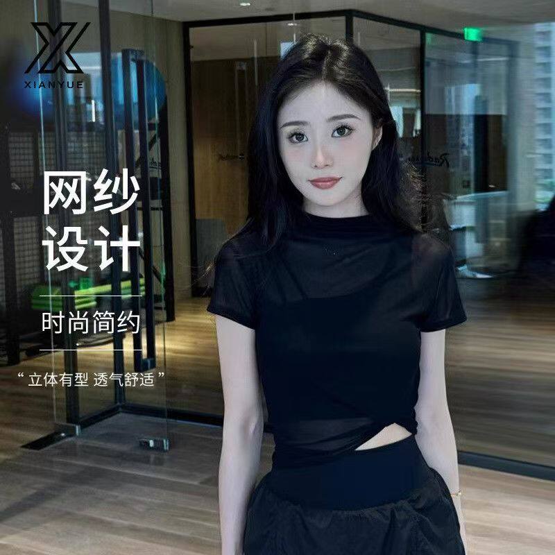 夏季透气网纱短袖瑜伽T恤女