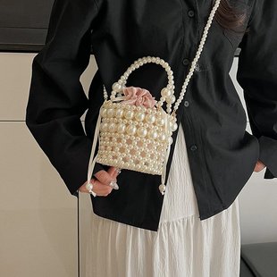 夏季 编织珍珠包包女2025新款 小众链条斜挎包迷你口红包手拎零钱包