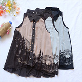 1日单新款 s夏季 FK1 薄雪纺印花复古蕾丝花边日系衬衫 上衣