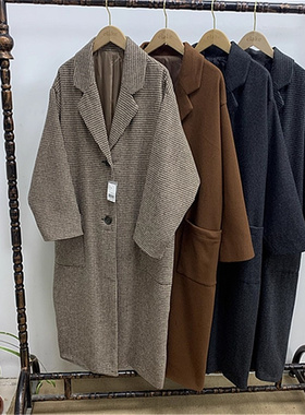 FF4-4日单秋冬千鸟格日系赫本西装领宽松气质百搭中长呢大衣外套