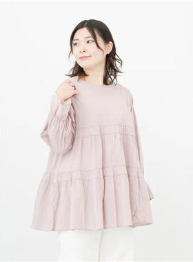 FH4-2日单SM2春夏长袖宽松喇叭袖娃娃衫拼接圆领纯色纯棉衬衫