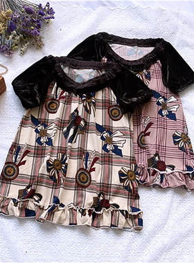 FK2-1日系春秋女a**s短袖套头金丝绒拼接针织印花复古打底衫