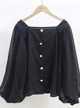 FG1-2日单温柔风复古方领漏锁骨仙女法式减龄灯笼袖衬衫上衣