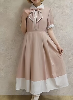 FA3-4日单日系学院风连衣裙女泡泡袖蝴蝶结甜美少女风长裙