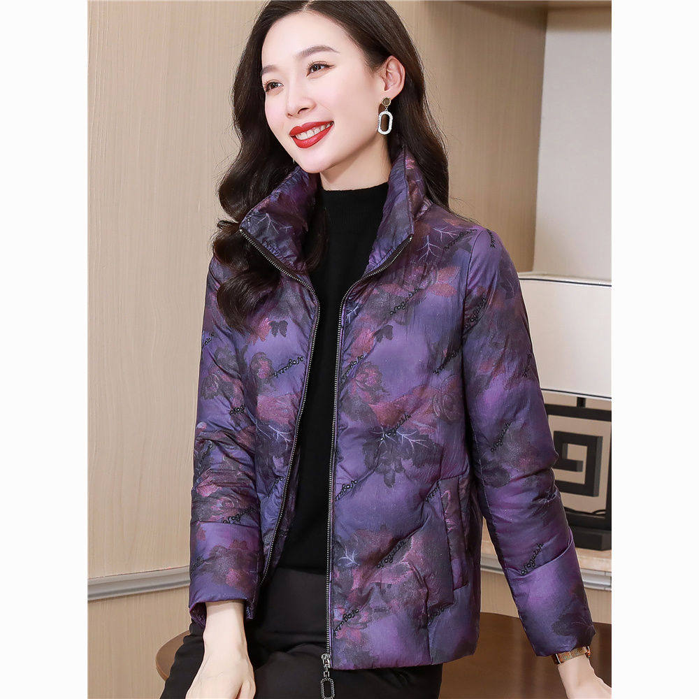 羽绒服女短款2025冬新款蓝色时尚印花外套修身显瘦白鸭绒保暖冬装