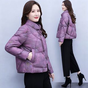 2025冬季新款妈妈装花色羽绒服女短款中老年宽松大码洋气国风外套