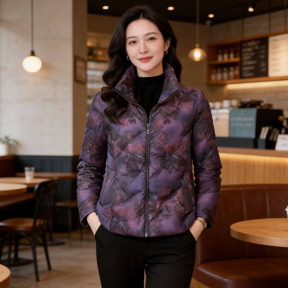 羽绒服女冬季2025新款中年妈妈时尚印花短款修身白鸭绒保暖外套