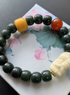 天然和田玉老型珠手链搭配扎基拉姆 玛瑙老琉璃 尺寸约10.3*8.5mm