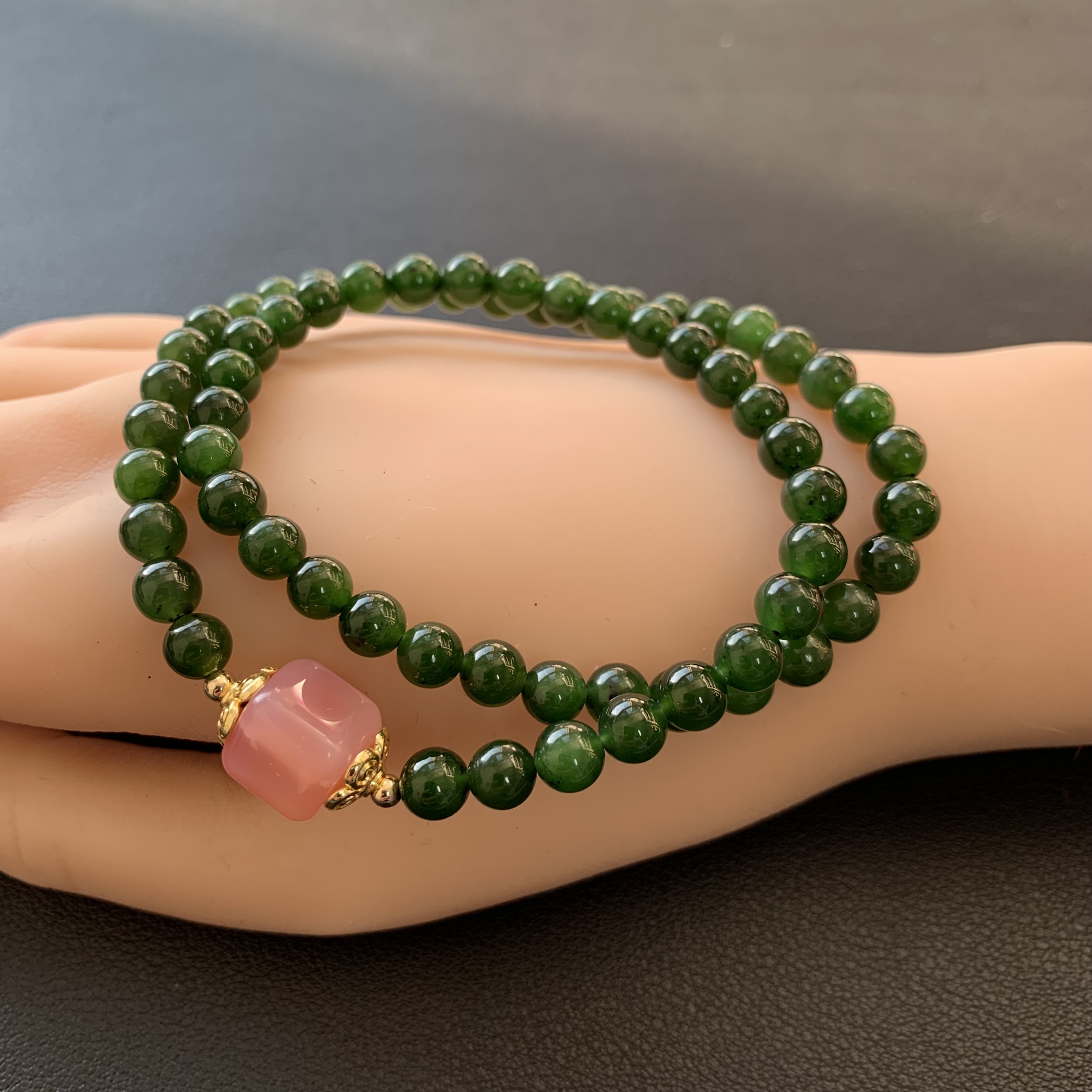 【新品双圈】天然和田碧玉圆珠手链手串卡6mm