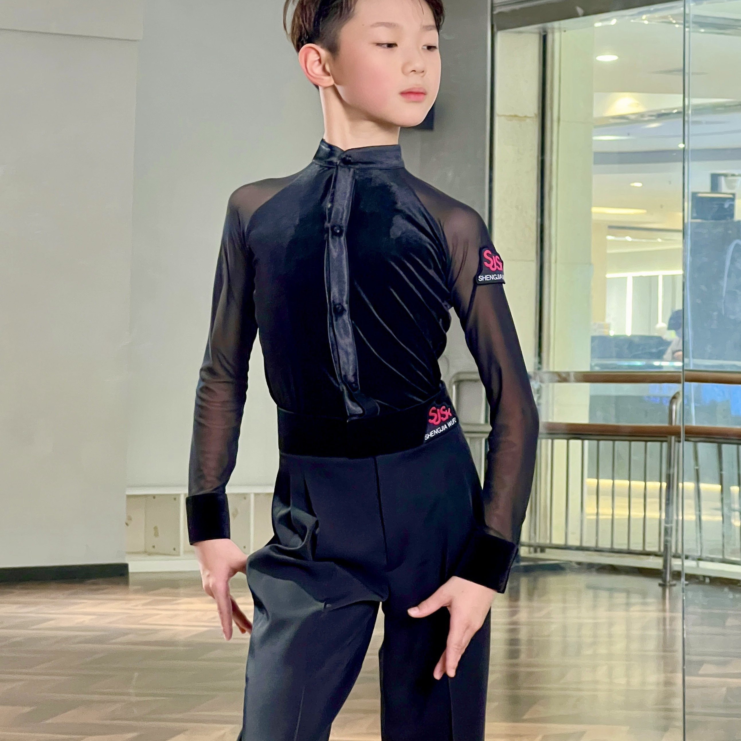 盛佳舞服SJSK拉丁舞男生丝绒网纱拼接上衣