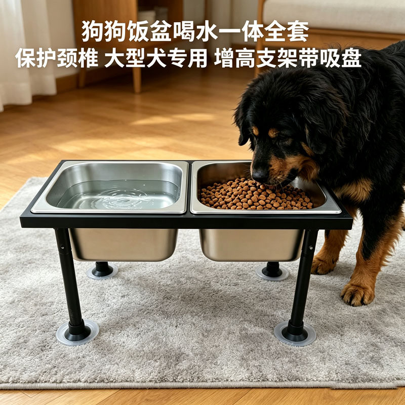 狗狗饭盆喝水一体全套保护颈椎大型犬猫用大口径打不翻盆不锈钢