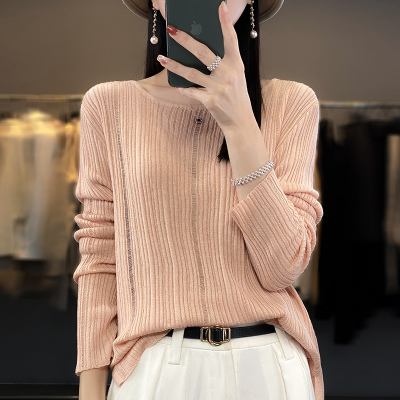 薄款丝光羊毛女圆领镂空针织上衣