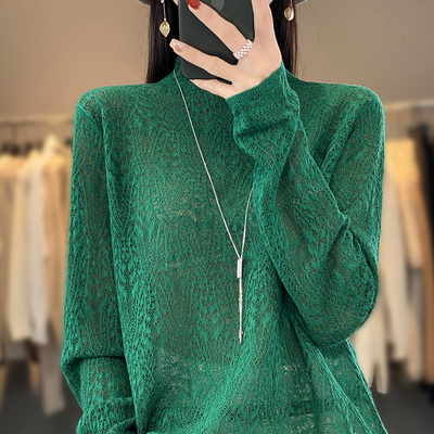 春秋精纺超细羊毛衫镂空长袖上衣