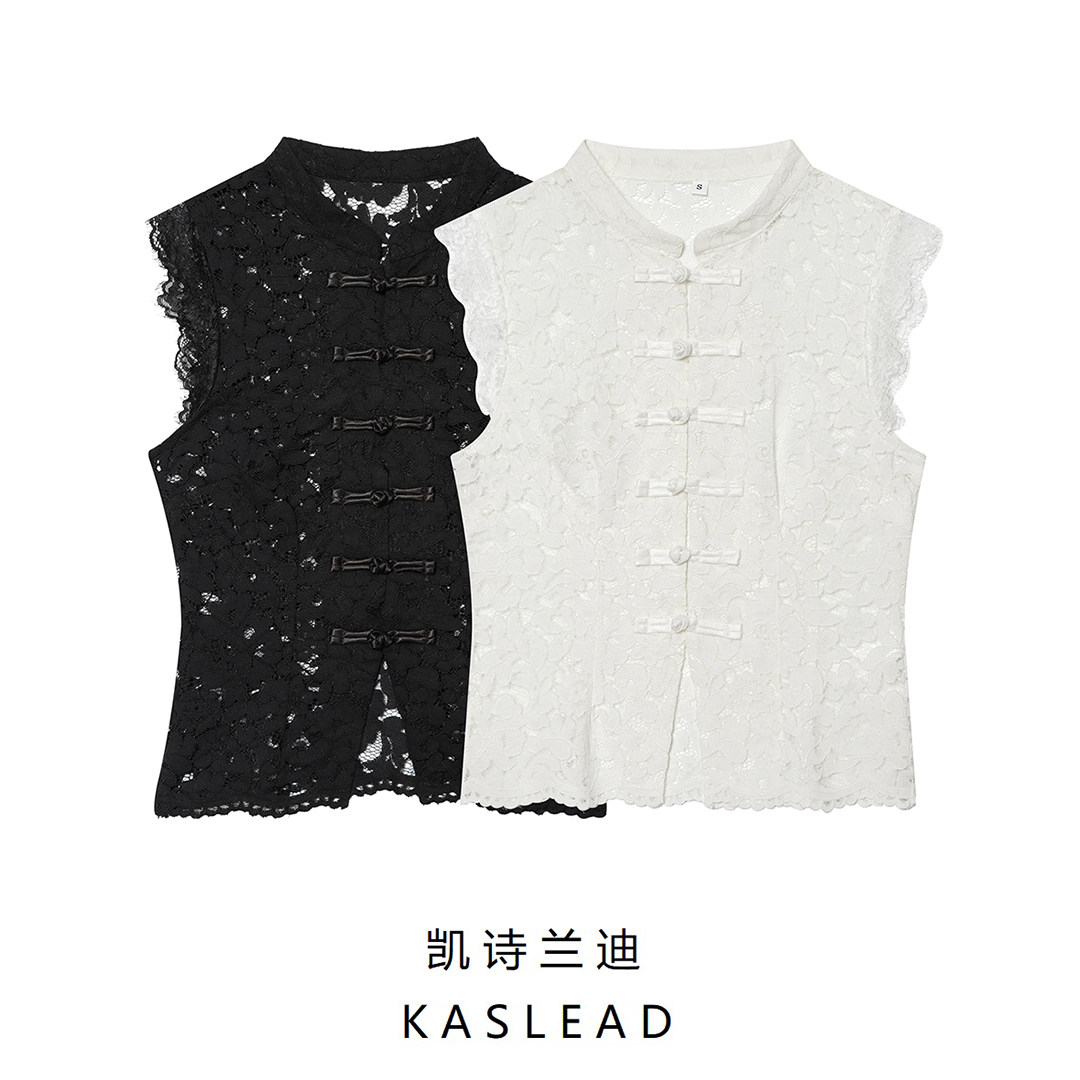 KASLEAD เสื้อผ้าผู้หญิงรุ่นใหม่ สไตล์ยุโรป-อเมริกา เสื้อแขนกุด คอปกลูกไม้ ฉลุลาย มีแหว่ง 114497 602