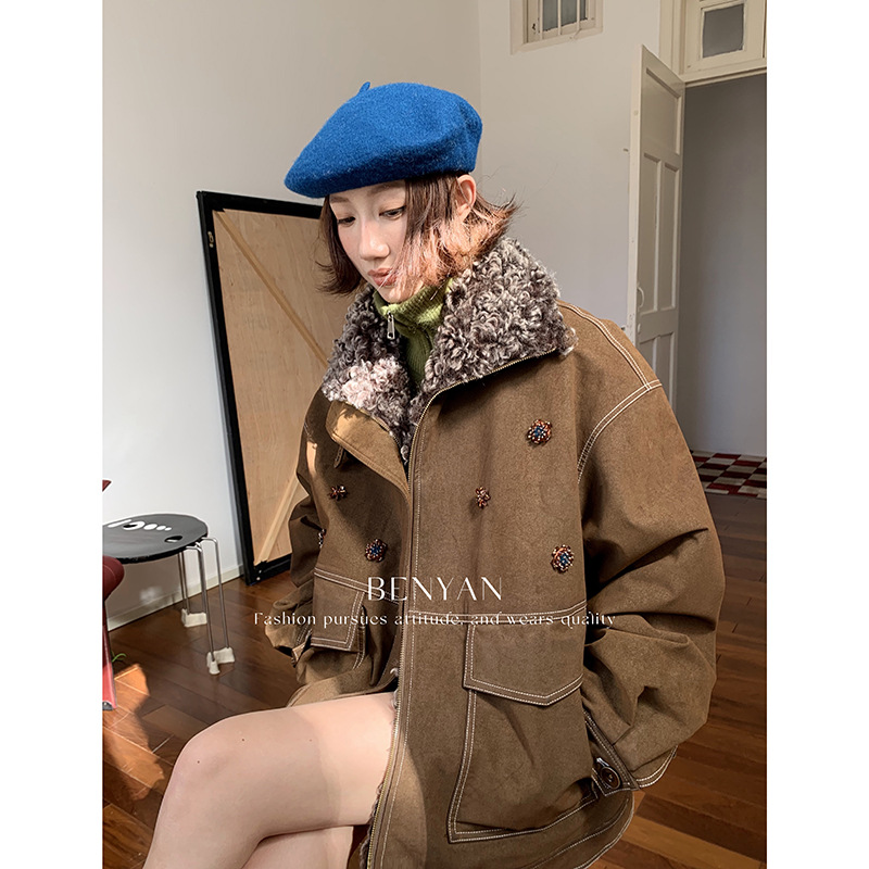 Xu集合BENYAN 美拉德复古夹棉加厚外套可拆卸羊羔毛毛领夹克女