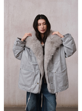 Xu集合COMOS CMS 2025中长款宽松棉布毛领90白鸭羽绒服外套女冬季