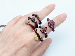 原创设计天然小叶紫檀串珠戒指雕刻莲花祥云铜钱转运珠桃花戒指