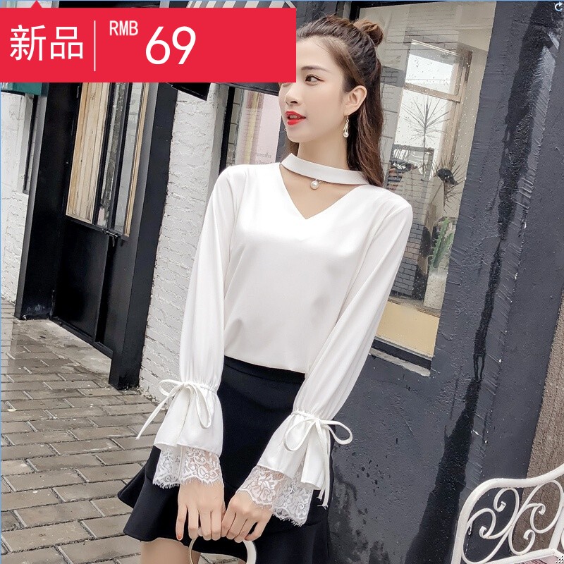 小清新OL休闲衬衫女2018爆新款蕾丝蝴蝶结网纱喇叭袖打底衫上衣WY