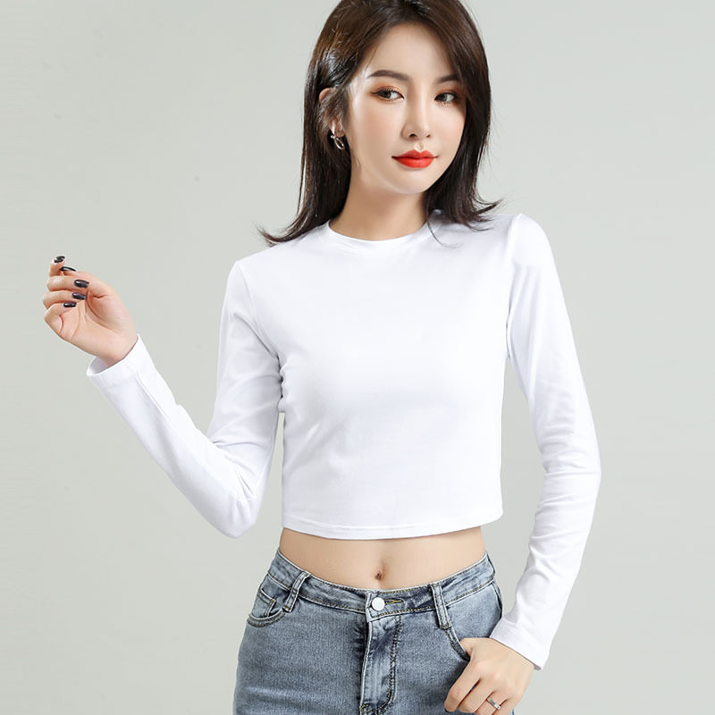 高腰露脐白色长袖短款t恤女圆领修身纯棉打底衫女春秋紧身上衣