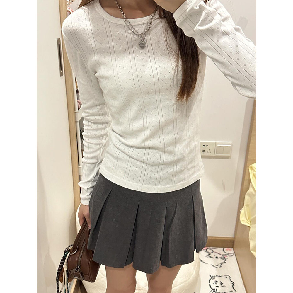 韩版肌理感提花白色打底衫女春秋chic高级感内搭修身显瘦长袖上衣