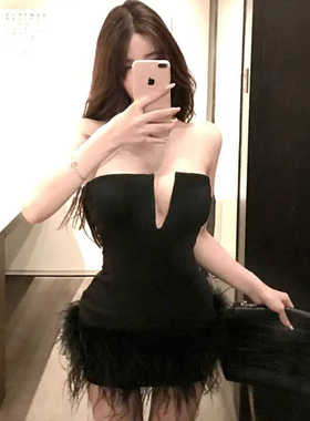 性感辣妹黑色羽毛吊带连衣裙夏新款聚会纯欲风修身显瘦包臀短裙子